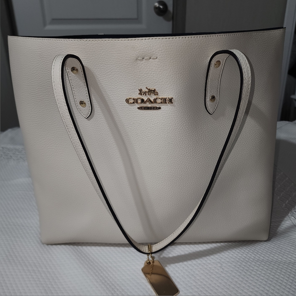 Coach Cream Leather Tote with Gold Accents